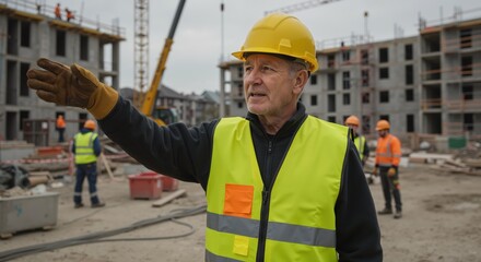 Elderly construction worker directing crew on site with safety gear  