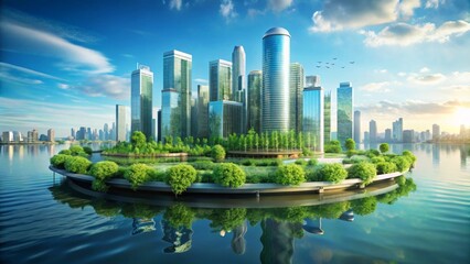 Fototapeta premium Urban Oasis A Sustainable Cityscape on a Verdant Island Reflecting in Calm Waters