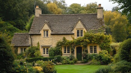 A quaint stone cottage with a green door surrounded by lush gardens and mature trees in the countryside