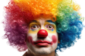 Male clown with rainbow wig and colorful face paint looking up, cut out