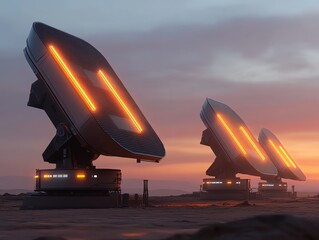 A futuristic antenna array glowing softly in a Mars colony environment