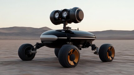 A futuristic antenna extending from a robotic rover