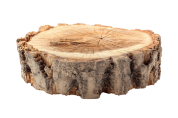 Close-up of natural tree wood slice with rough texture and growth rings, cut out