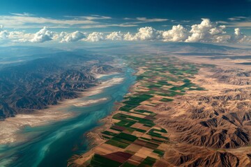 Aerial View of Desert River and Farmland