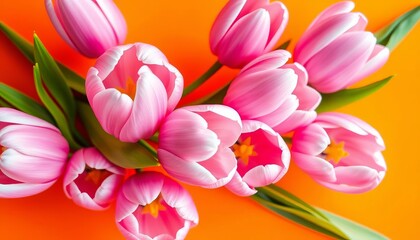 Fototapeta premium Delicate pink tulips clustered on a vibrant orange background, spring card design, colorful, spring flowers