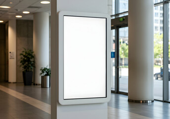 Blank vertical billboard mockup in modern building lobby perfect for your advertisement design template