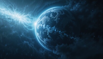 Obraz premium Glowing uncharted planet with storms and craters in deep space