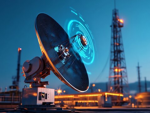 A futuristic dish antenna projecting vibrant blue signal waves