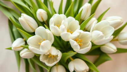 Naklejka premium Delicate white tulips in a spring bouquet on a soft, light background, pretty, wedding
