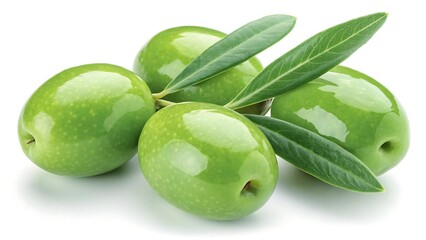 Obraz premium Fresh raw green olives on a white background with a healthy leaf, perfect for a vegetarian diet