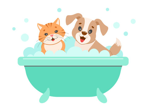 Adorable cat and dog taking a bubble bath together, perfect for pet care, grooming, or playful designs. cartoon style.