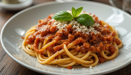Steaming Plate Of Spaghetti Pasta With Cherry Tomatoes And Basil Leaves On Dark Surface	
