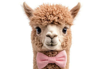 Charming alpaca with bowtie on a farm portrait capture cute animals warm environment close-up view fun concept