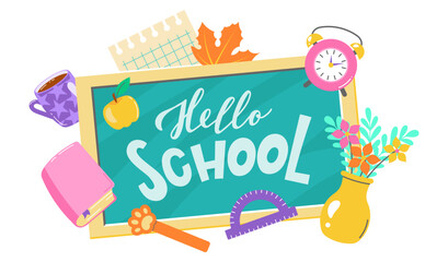 Fototapeta premium Colorful back to school design featuring a chalkboard with Hello School, surrounded by books, flowers, a clock, and school supplies, perfect for educational or seasonal projects.