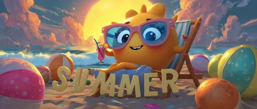 Cute orange cartoon sun talking with a cocktail in hand under a pastel beach sunset, surrounded by colorful beach balls with waves crashing behind her and the word "SUMMER" in 3d animated text below.