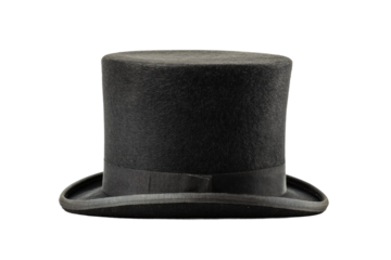 Classic black top hat with brim and ribbon on black background, cut out