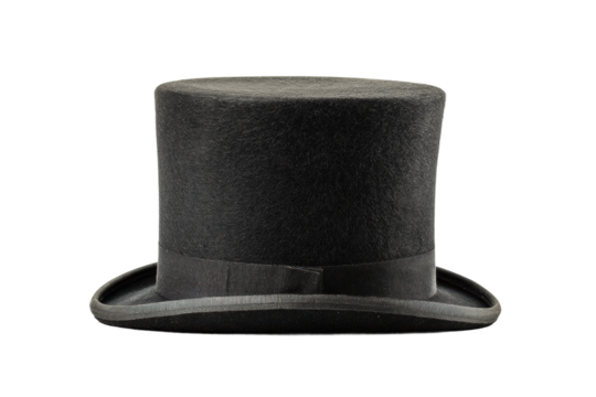 Classic black top hat with brim and ribbon on black background, cut out
