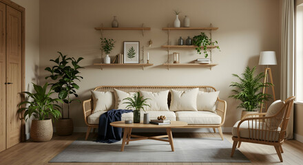 Cozy Minimalist Living Room Interior Design Home Decor Apartment Rattan Furniture Plants