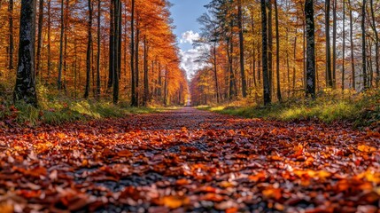 Fototapeta premium Autumnal forest path, vibrant fall foliage