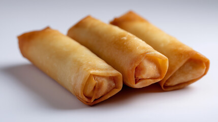 Crispy golden-brown spring rolls arranged in a row on a white background.
