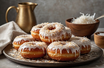 Delicious homemade coconut donuts, glazed and topped with toasted coconut.