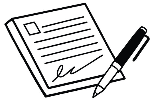 recommend clip art: Contract Signing Illustration: Document, Signature and Pen Icon in Bold Black and White Outline for Business Concepts.