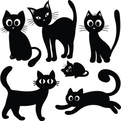 Six Adorable Black Cat Silhouettes in Various Poses