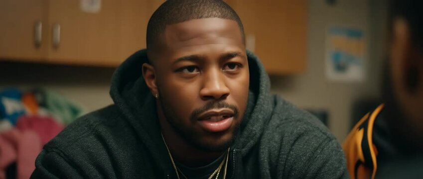 Close-up conversation between two black men in a cozy, warmly lit indoor space.