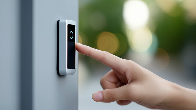 Close-up of a hand pressing a modern smart doorbell mounted on a wall with a blurred background.
