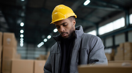 Warehouse worker wearing a yellow hard hat using a digital tablet to manage inventory among stacked boxes.
