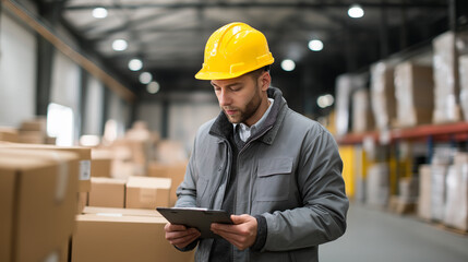 Warehouse worker wearing a yellow hard hat using a digital tablet to manage inventory among stacked boxes.
