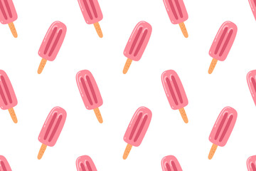 Bright pink popsicles pattern on a white background for summer vibes