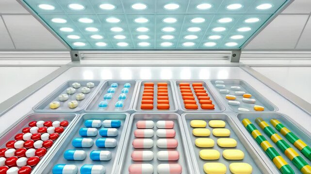 Pharmaceutical Production Cleanroom Shows Trays of Colorful Pills Under Bright Lights Highlighting Modern Medicine Manufacturing Process and Drug Development