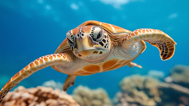 A majestic sea turtle glides lazily through a coral reef, its patterned shell and calm movement adding grace and beauty to the peaceful underwater world.