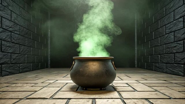 Mysterious Cauldron Steaming Green Vapor in Dark Brick Room Fantasy Setting Ideal for Halloween or Magic Theme Projects - Powered by Adobe