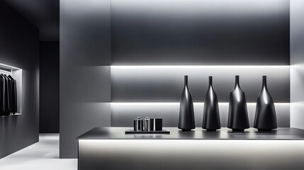 Modern Black Vases on Display Counter with Sleek Clothing Boutique Interior