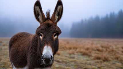 Fototapeta premium Curious brown donkey standing on a frosty field with a misty forest in the background. 