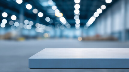 Empty industrial warehouse interior with a clean surface in the foreground and blurred lighting in the background.
