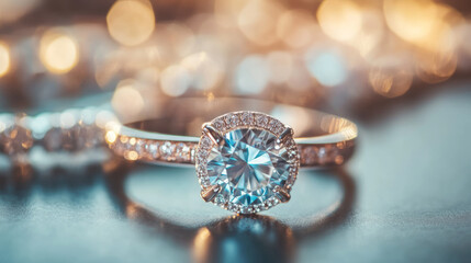 Fototapeta premium Luxury Solitaire Ring Close-Up on Shimmering Surface