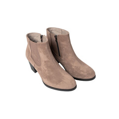 Stylish womens beige suede ankle boots zipper detail on transparent background