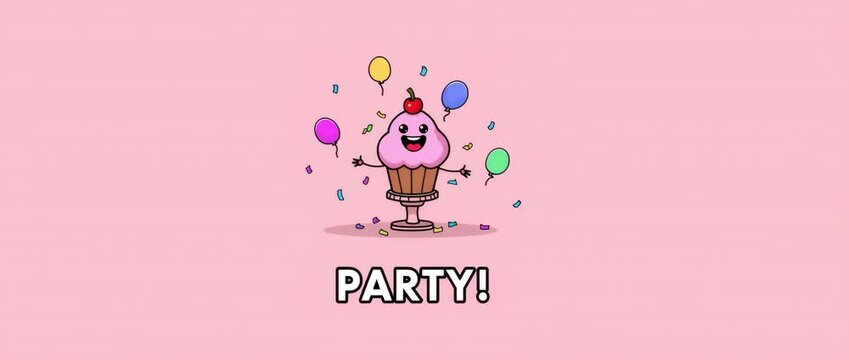 Cartoon cupcake swings its arms joyfully with colorful balloons floating, with the word "PARTY!" below. 