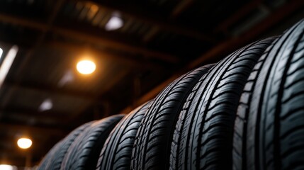 Close-up of stacked tires in a warehouse, showcasing tread patterns and industrial lighting