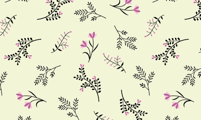 Botanical Seamless Pattern with Hand-Drawn Flowers on Light Green Background.