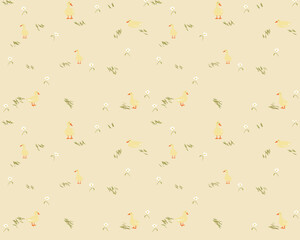 Seamless little duck with vintage color textured for wallpaper background. cute hand drawn for printable or wrapping