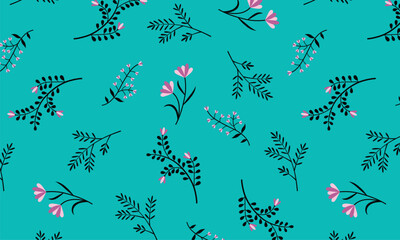 Seamless Floral Pattern with Pink Flowers and Black Leaves on Teal Background.