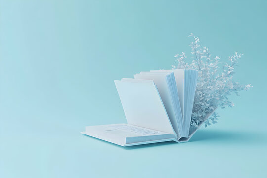 Open book laptop flowers minimalist background