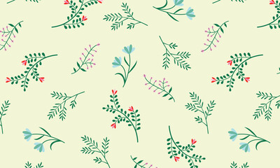Seamless Floral Pattern Background with Hand-Drawn Leaves and Flowers.