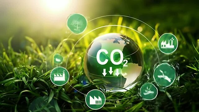 Crystal Globe Showing CO2 Reduction Surrounded by Green Icons