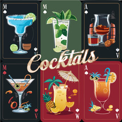 A vibrant and colorful vector illustration featuring multiple juice glasses filled with different flavored juices such as orange, strawberry, mango, and apple. Each glass showcases fresh fruit slices 