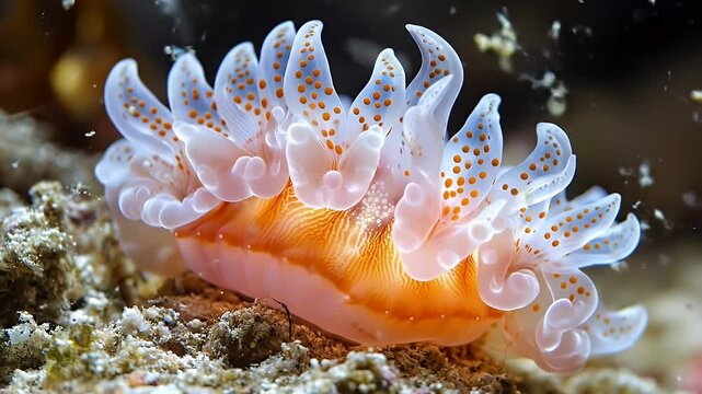 Closeup of an Orange and White Spotted Nudibranch on Ocean Floor